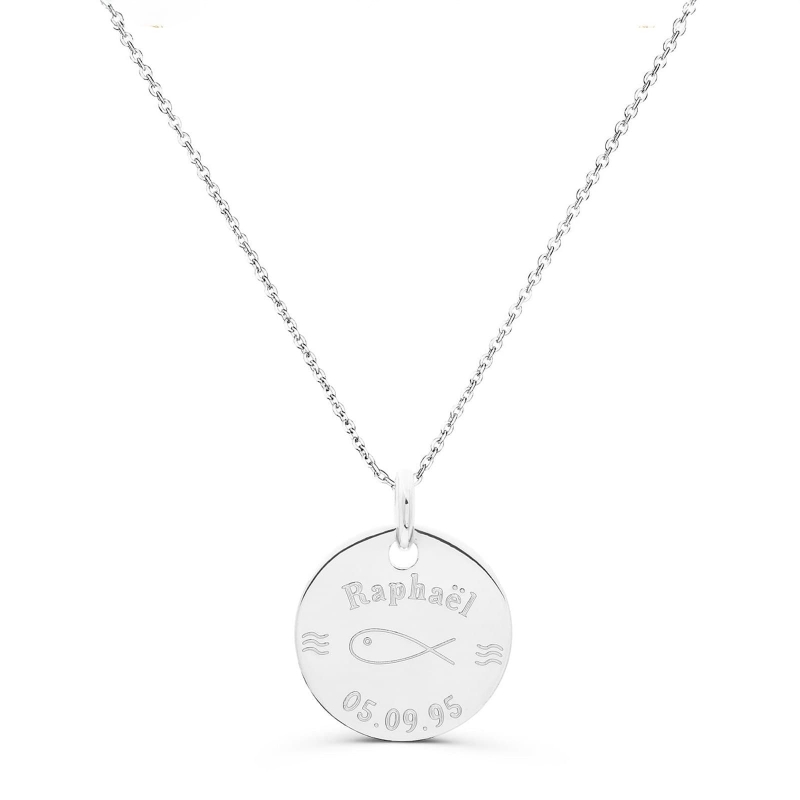 Collier personnalisé pour un baptême illustration ichtus sur le recto