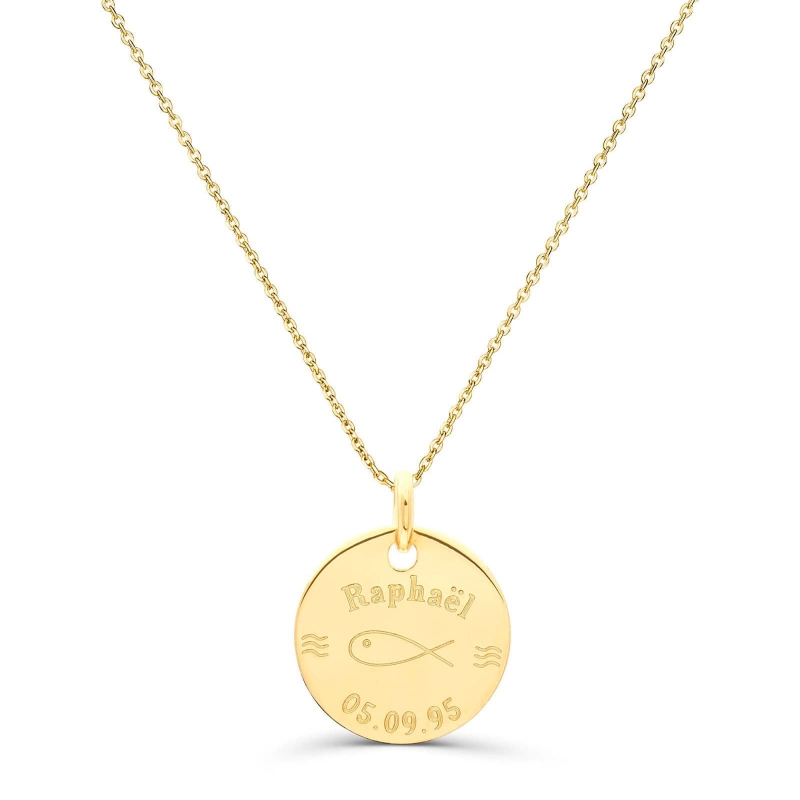 Collier personnalisé baptême "Ichthus" médaille Plaqué Or 15 mm