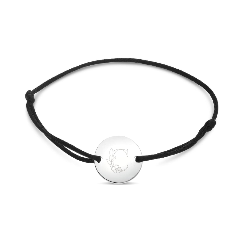 Packshot bracelet cordon personnalisé enfant initiale florale argent