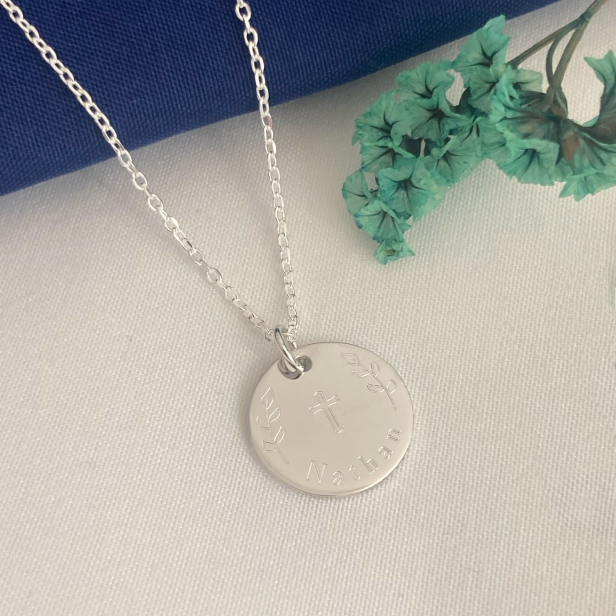 Collier personnalisé baptême "Croix & Rameaux" médaille Argent 15 mm