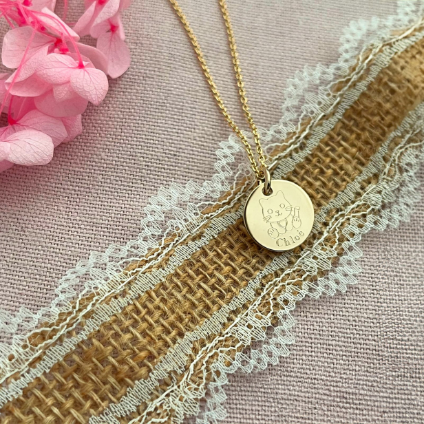 Collier personnalisé médaille 15 mm dessin chat en Plaqué Or
