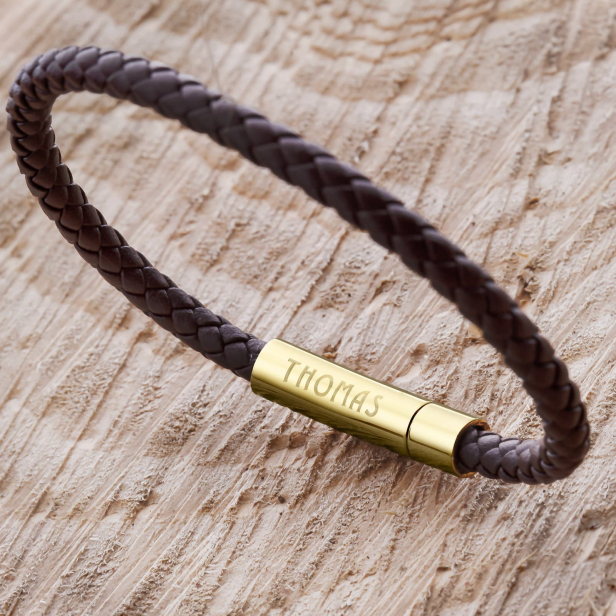 Bracelet homme personnalisé en cuir tressé blanc arrondi et boucle argentée