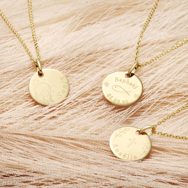 Collier personnalisé baptême "Ichthus" médaille Plaqué Or 15 mm