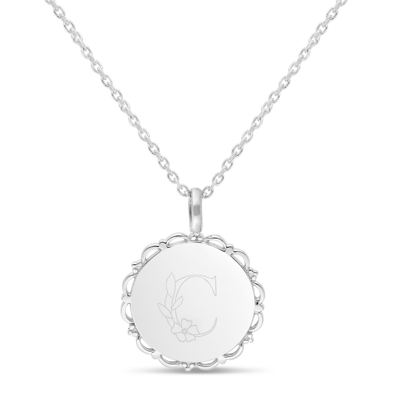 Packshot du collier personnalisé enfant lettre florale médaille dentelle Argent
