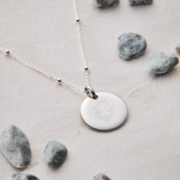 Collier personnalisé alphabet floral médaille bombée en Argent
