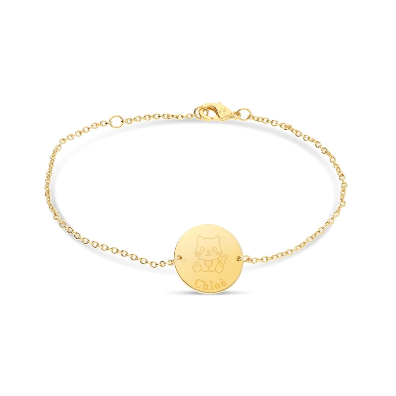 Bracelet personnalisé pour enfant en plaqué or avec une illustration de chat.