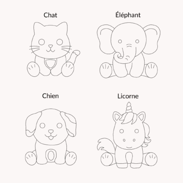 Illustrations : chat, éléphant, chien, licorne pour bracelet personnalisé plaqué or pour enfant.