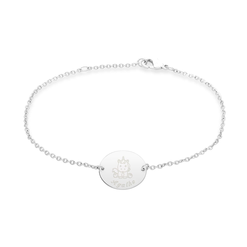 Bracelet personnalisé argent pour enfant avec une illustration licorne.