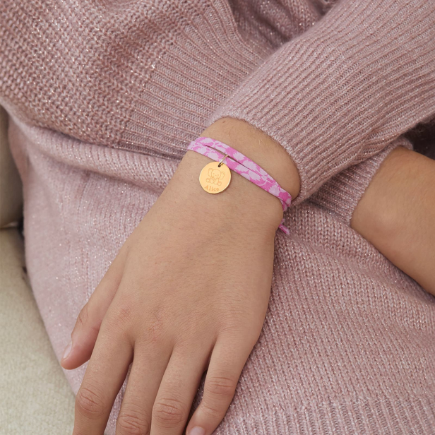 Bracelet cordon liberty personnalisé pour enfant avec illustrations animaux : chien, chat, éléphant, licorne.