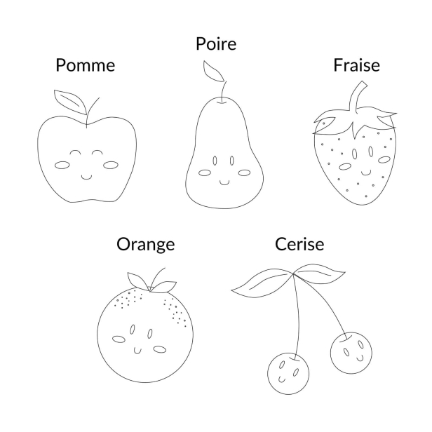 Illustrations de fruits au choix : pomme, poire, fraise, orange, cerise.
