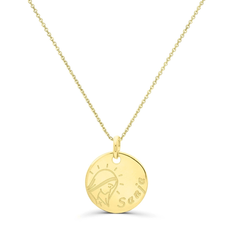Collier personnalisé baptême "Vierge Marie" médaille Plaqué Or 15 mm