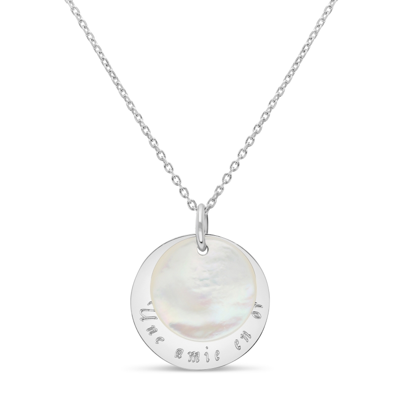 Collier médaille nacre et médaille 20 mm à graver en Argent
