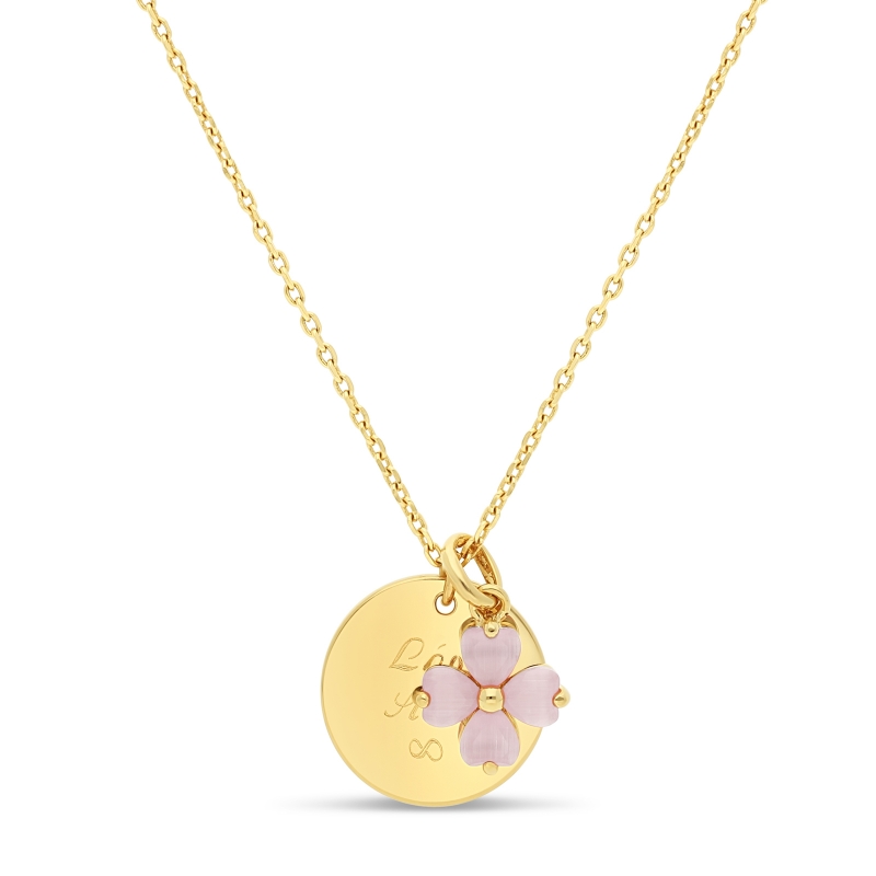 Collier personnalisé médaille 15 mm Plaqué Or et son pendentif trèfle rose