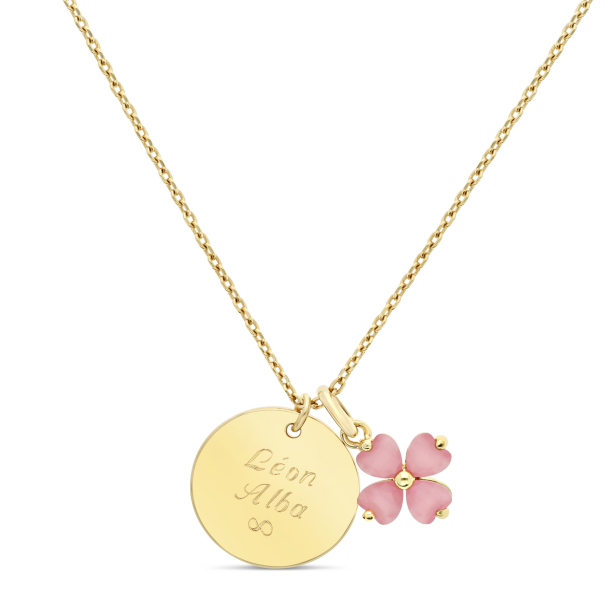 Collier personnalisé médaille 15 mm Plaqué Or et son pendentif trèfle rose