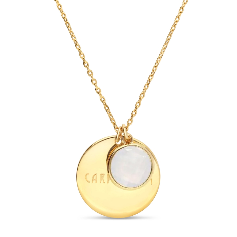 Packshot du collier personnalisé médaille Plaqué Or et pierre vert transparente
