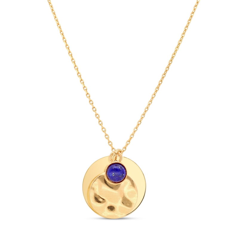 Collier petite médaille et son pendentif martelé et pierre bleue