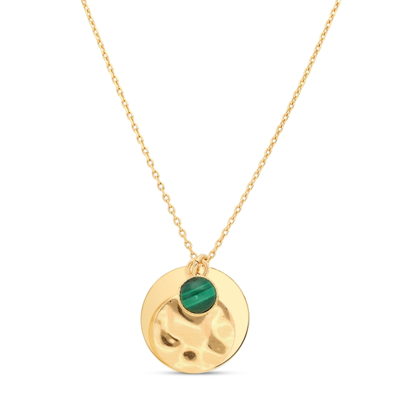Collier petite médaille et son pendentif martelé et pierre verte